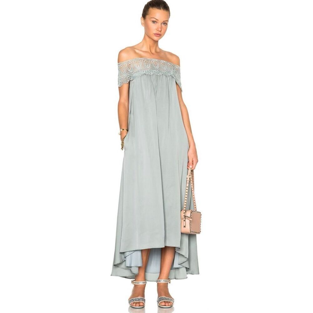Self Portrait‎ Ice Grey Lace Shouldered Maxi Dress Size 2